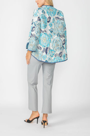Blue Jacquard Collarless 3/4 Sleeves One Button Jacket